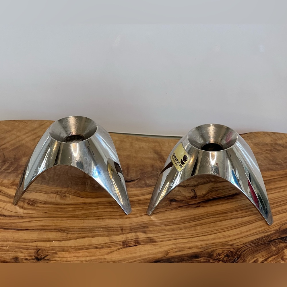 MCM AS Solingen Germany Candle Holders Brushed Steel Tripod Atomic 2 Set EUC - Picture 2 of 15
